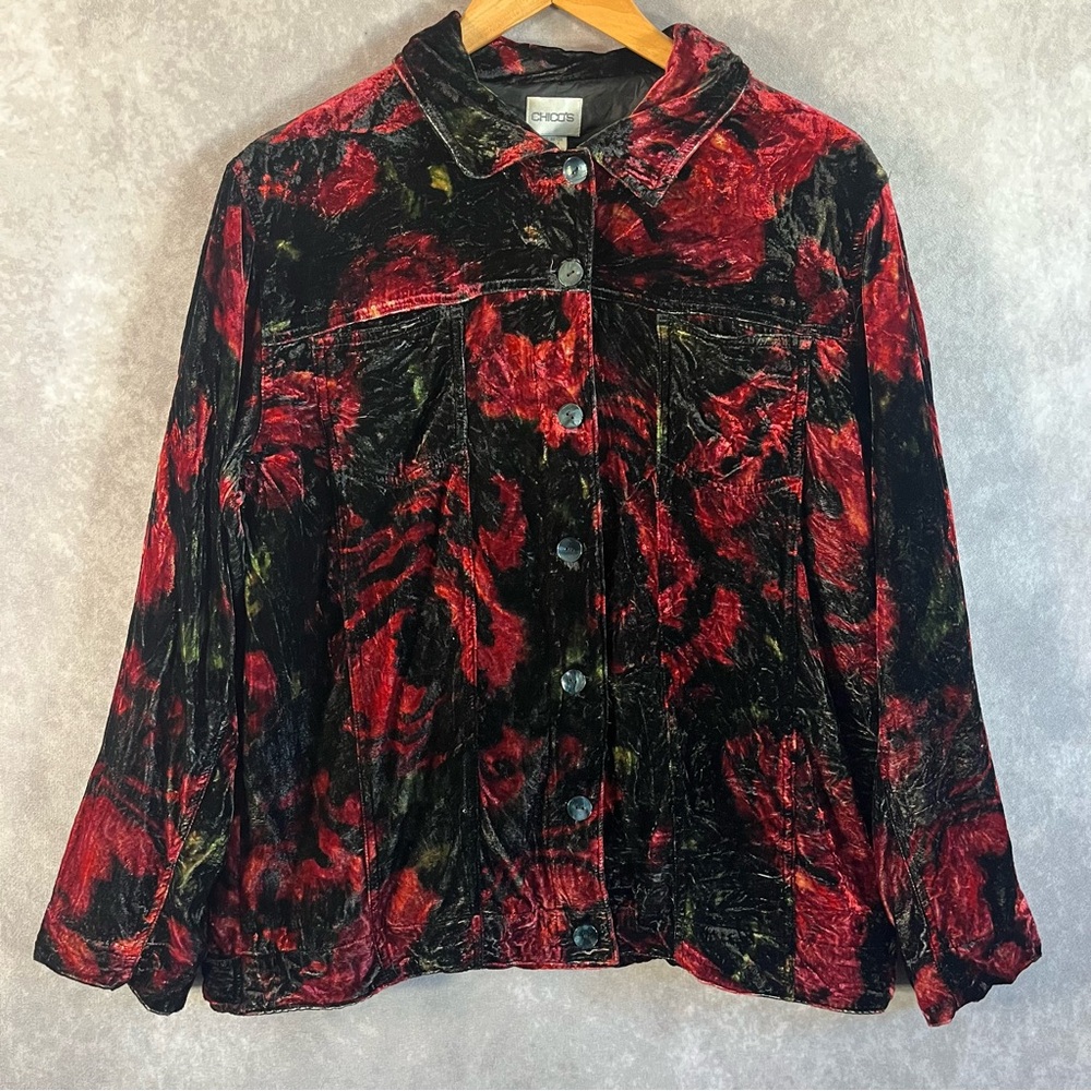 Chico's Velvet Jacket Womens 2 Red Black Silk Blend Floral Button Front Lined